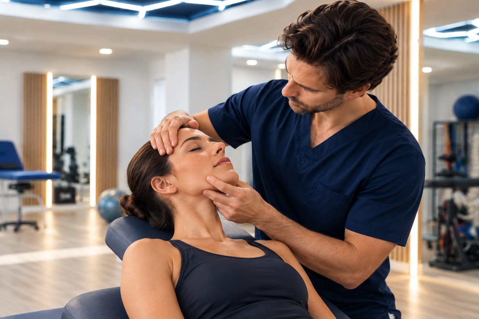 Kinésithérapeute réalisant une thérapie faciale sur une patiente allongée, en clinique moderne
