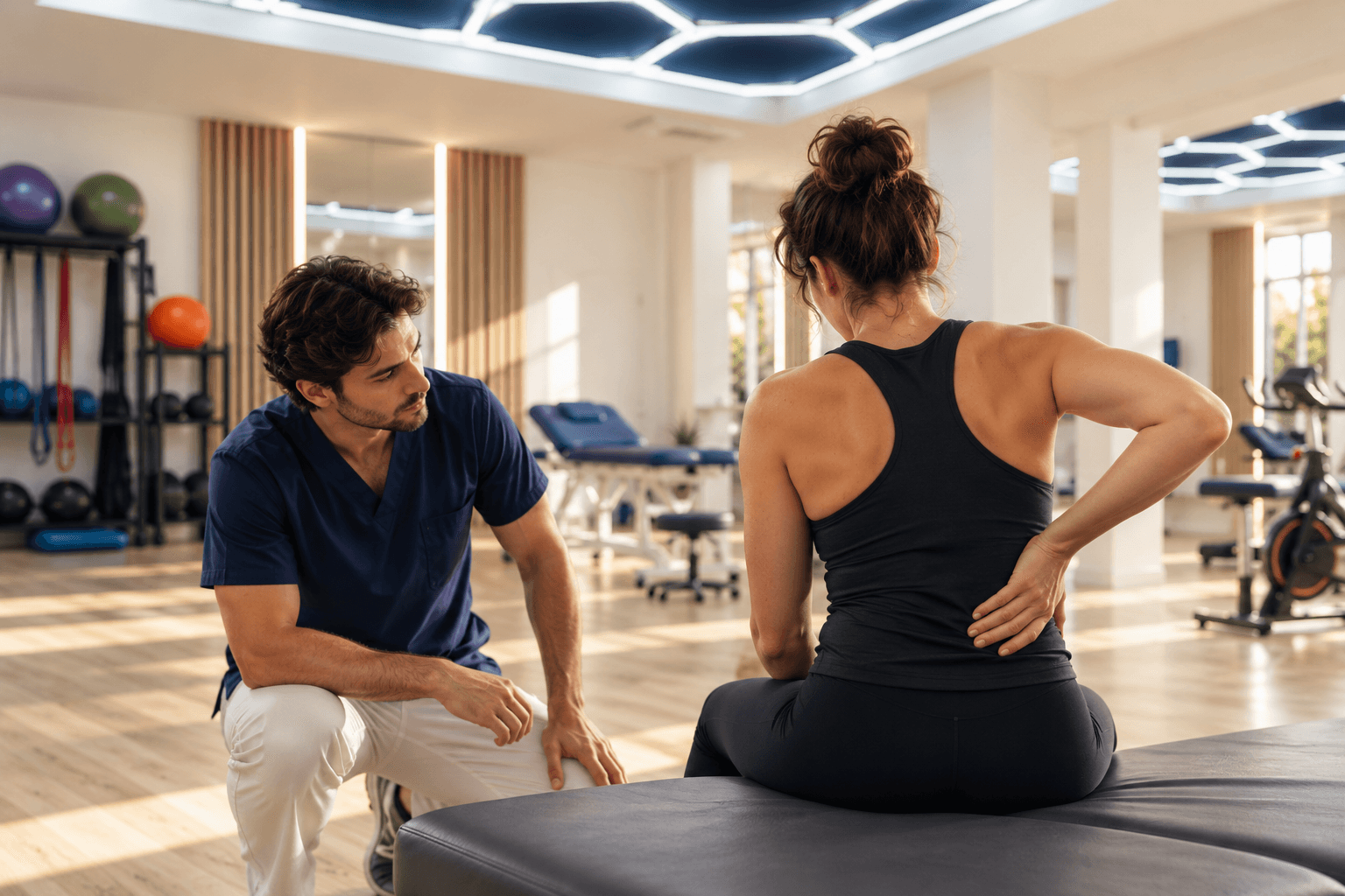 Un kinésithérapeute écoute une patiente assise qui se tient le bas du dos