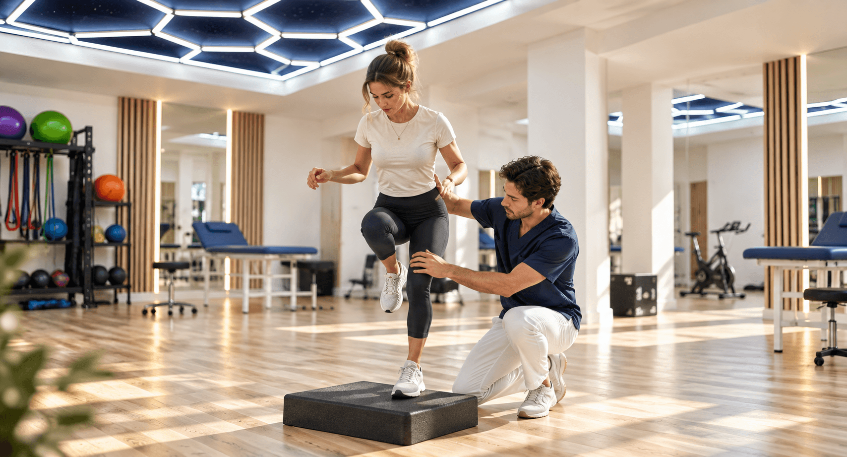 Exercice d’équilibre sur un step, guidé par un kinésithérapeute