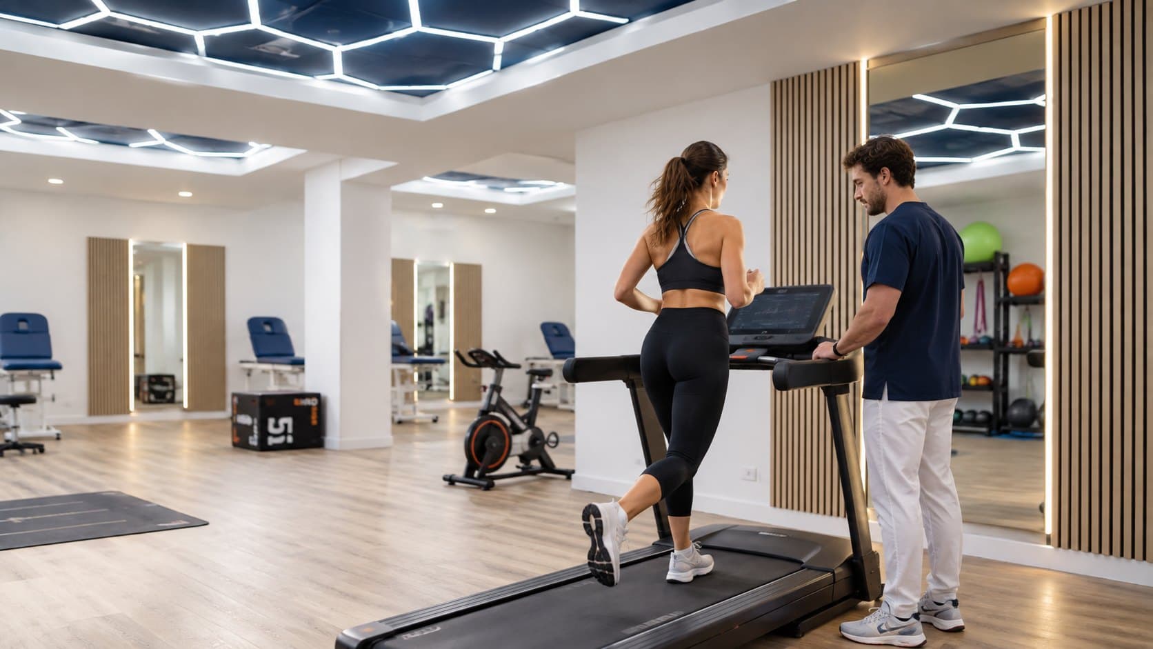 Une patiente court sur un tapis, suivie par son kinésithérapeute sur le plateau technique